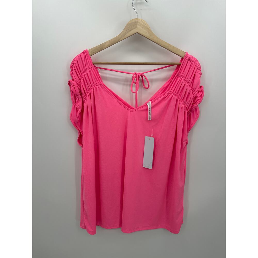 Dear Scarlett Blouse Women‎ XL Neon Pink Stretch Summer Ruffle Sleeve NWT V Neck